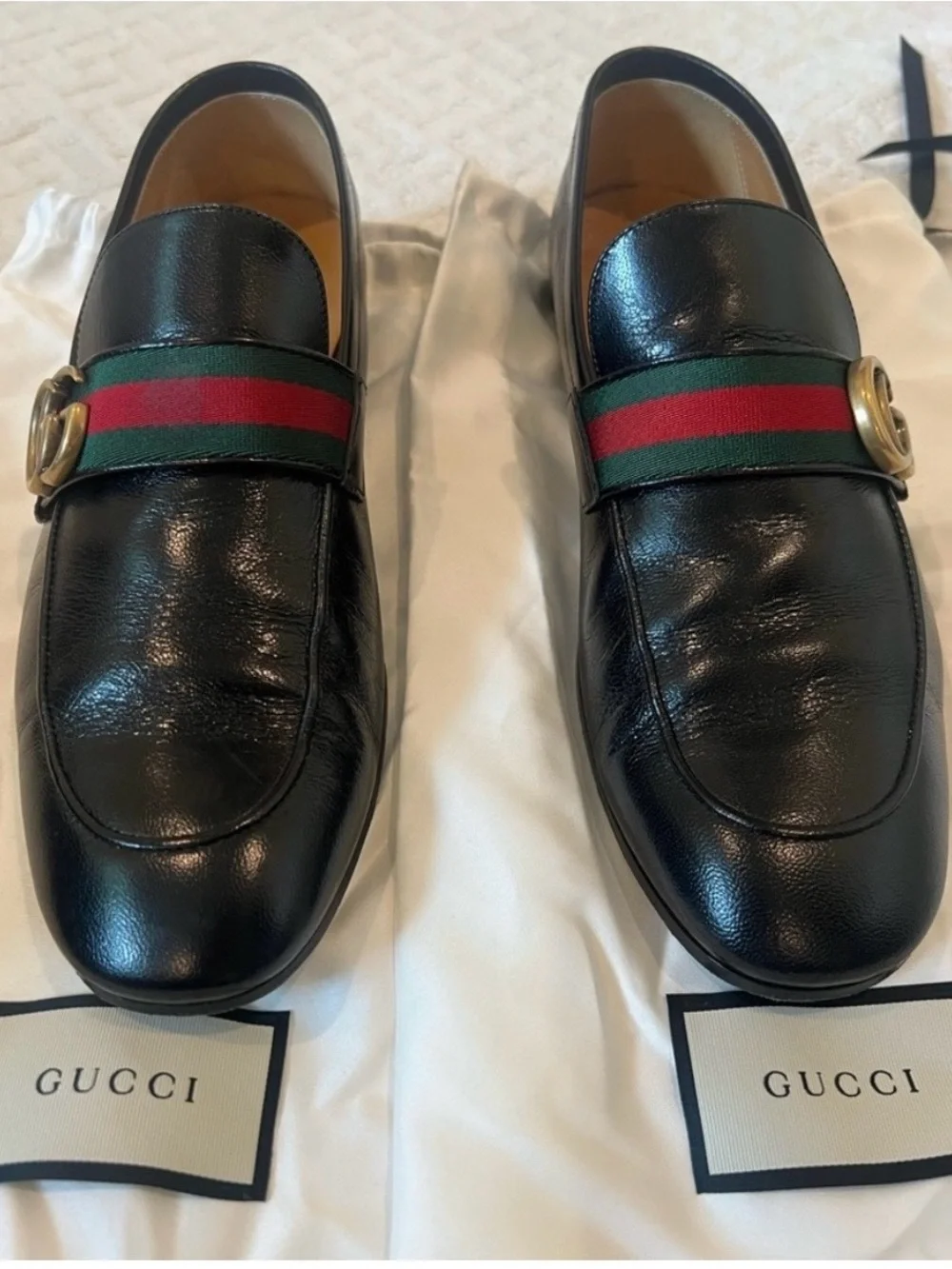 Gucci Black Leather Loafers with Green and Red Web and Gold Horsebit